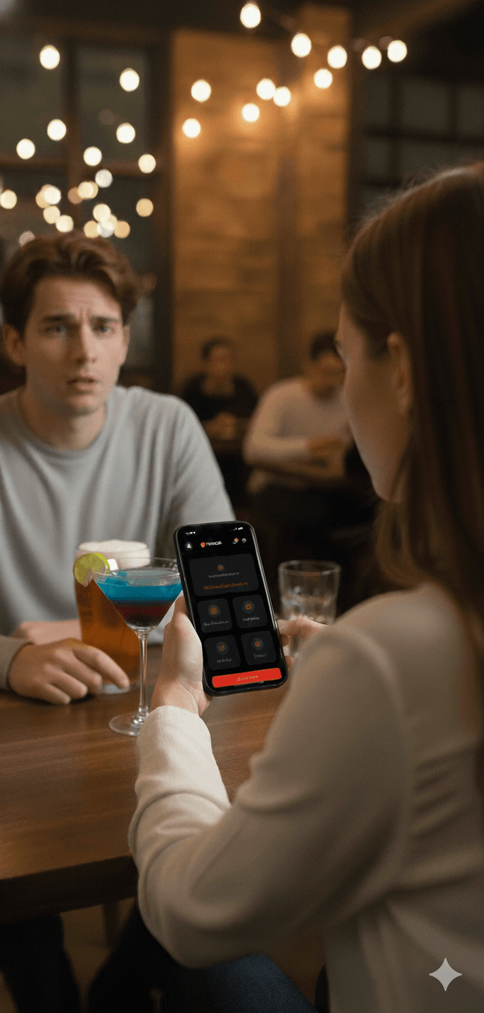 Person using Trustiga during a date at a restaurant